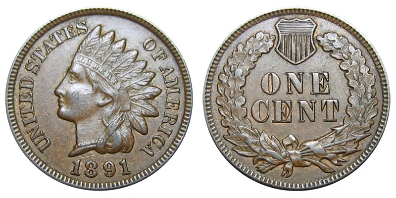 1891 Indian Head Penny obverse and reverse showing Liberty portrait and oak wreath design