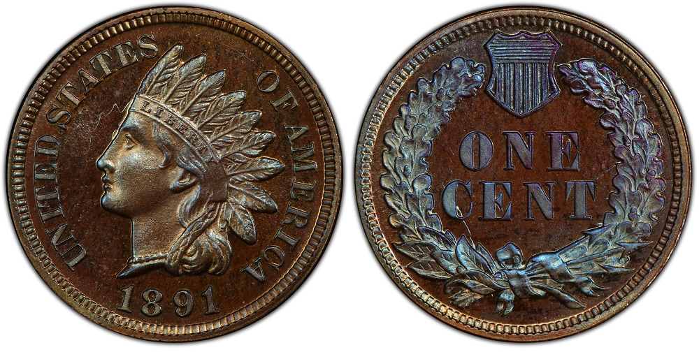 Comparison of 1891 Indian Head Penny standard circulation strike vs proof specimen showing mirror fields and frosted devices