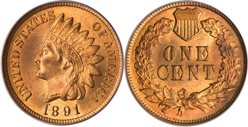 Group of 1891 Indian Head Pennies in varying grades showing survival spectrum from heavily worn to uncirculated