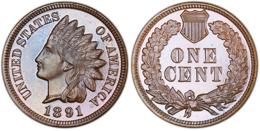 Grading strip showing 1891 Indian Head Pennies in four conditions: Good, Fine, Extremely Fine, and Uncirculated for comparison